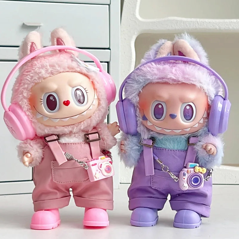 17cm Mini Plush Doll'S Clothes Outfit Accessories For Korea Kpop Exo Labubu Idol Dolls Corduroy overalls T-shirt Clothing Gift