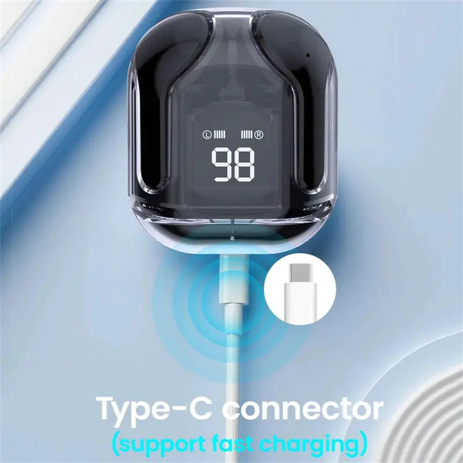 Original T2 Wireless Bluetooth Earphone Transparent HIFI Headphones LED Power Digital Display Stereo Sound Earphones for Phone