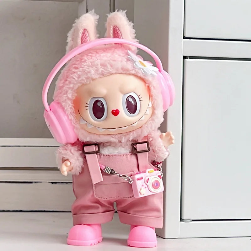 17cm Mini Plush Doll'S Clothes Outfit Accessories For Korea Kpop Exo Labubu Idol Dolls Corduroy overalls T-shirt Clothing Gift