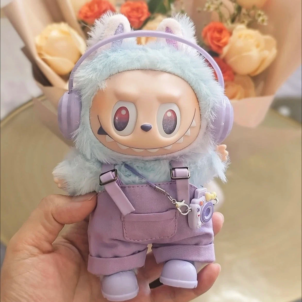 17cm Mini Plush Doll'S Clothes Outfit Accessories For Korea Kpop Exo Labubu Idol Dolls Corduroy overalls T-shirt Clothing Gift